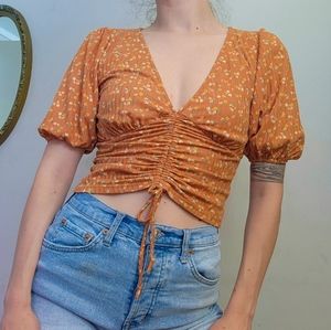 Lush Orange Floral Puff Sleeve Crop Top w/ Scrunch Detail Size S